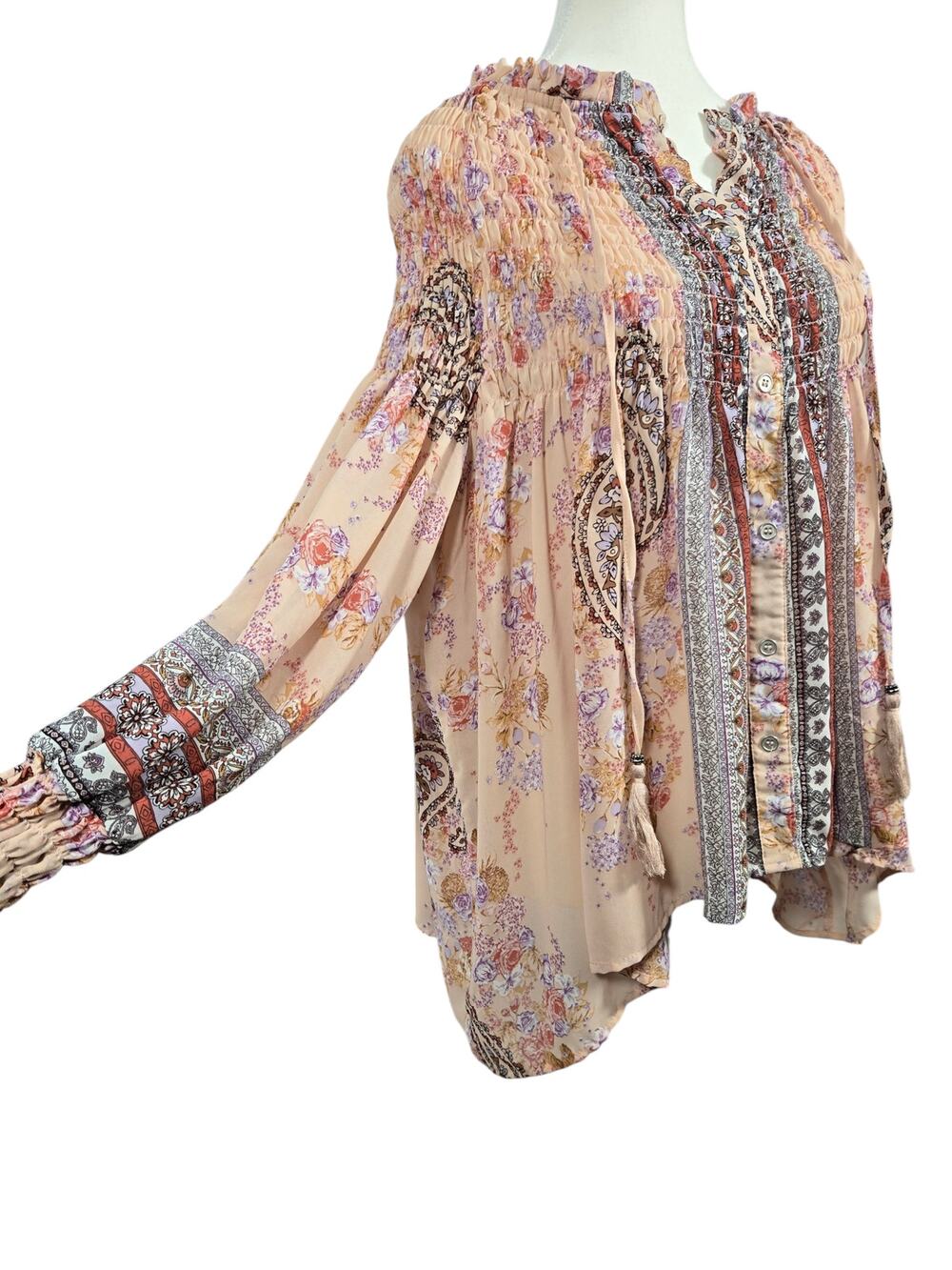 Altar'd State Pink Floral Peasant Blouse Size M Patchwork Smocked Sheer Tunic